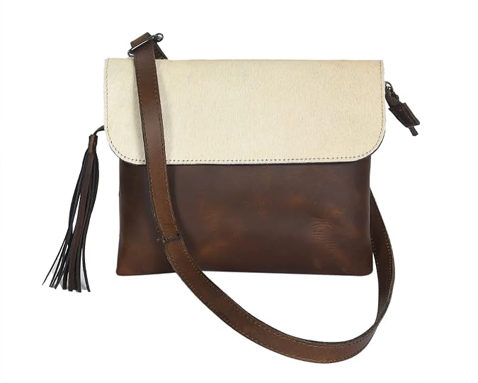 Celtic Women Leather Sling Bag Tabaco and Cream Crossbody Bag with Tassel
