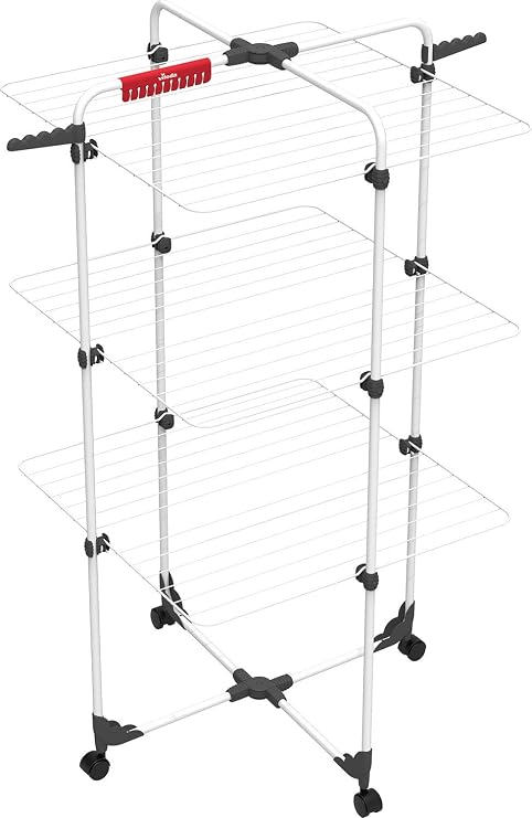Vileda Mixer 3 Tier Clothes Airer, 30m Drying Space, Holds 2 Wash Loads | Integrated Sock Hangers for Drying, Extra Hooks for Hangers, Flexible Drying Positions, Foldable, Built-in wheels