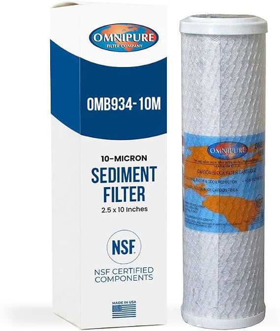 Omnipure OMB934-10M Carbon Block Water Filter, 10-Micron Cartridge Fits Standard 10-Inch Housings 2.5 x 10 Inches, Chlorine, Taste & Odor Reduction, Certified to NSF Standard 42