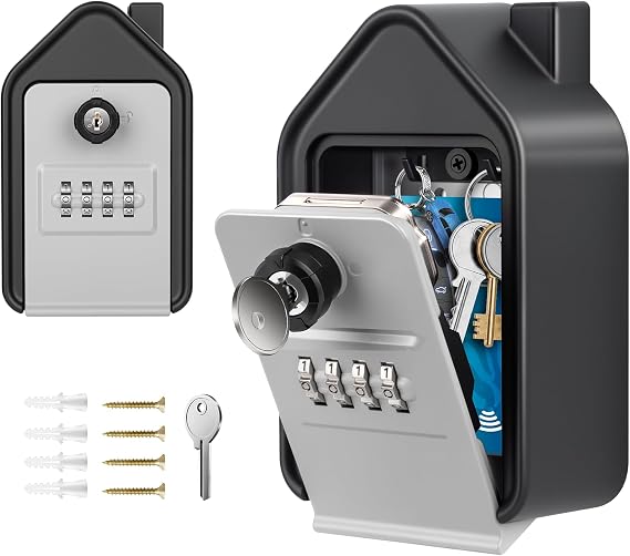 HUANLANG Wall Mounted Lock Box, Large Key Lock Box with Key, 4-Digit Combination Lock, Outdoor Realtor Key Box with 2 Unlocking Ways & Emergency