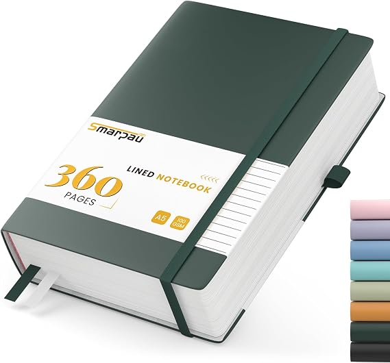 Smarpau Lined Journal Notebook A5, 360 Pages Composition Notebooks | 100gsm Thick Paper Leather Journal for Women Men School Office Writing, with Sticky Notes, 14.5 x 21cm - Deep Green