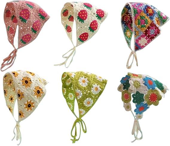 6 Pcs Floral Crochet Hair Bandanas Headscarf,Crochet Bandanas Headbands Cute Flower Hair Scarf Headbands for Women Girls,Random Color
