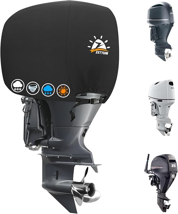 Zettum Outboard Motor Cover, 600D Boat Motor Cover Waterproof & Heavy Duty, Fade-Resistant Boat Engine Cover - Fit for Motor 115-225 HP, Black