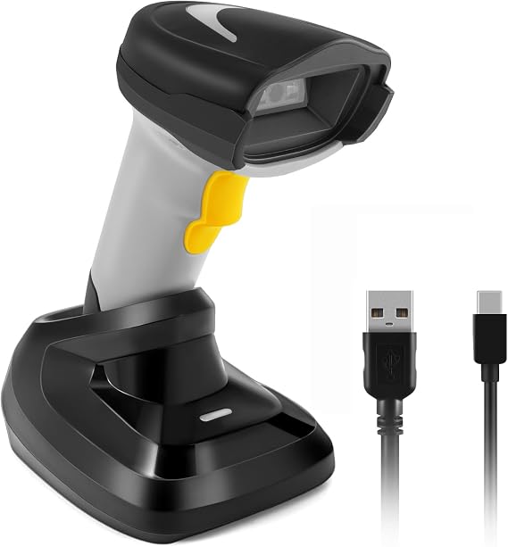 Barcode Scanner Wireless, Onewscan 1D Barcode Reader with Stand, 2.4G Wireless & USB Wired Connection Plug and Play Handheld Bar Code Scanners