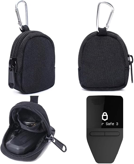 for Trezor Safe 3 5 7 Crypto Hardware Wallet Pouch Carrying Case | Protection Nylon Zipper Pouch with Carabiner Storage Carrying Case for Trezor Model One Model T / D'CENT Hardware Wallet