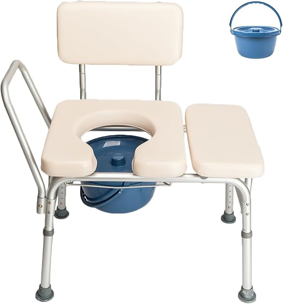 2-in-1 Bedside Arm Commode Chair with Padded Seat and Backrest, Padded Transfer Bench for Bathtub, Durable Toilet Chair for Adults and Seniors with Height Adjustable Bath Seat, Non-Slip Feet