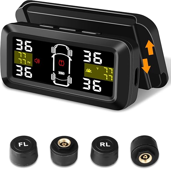 Wireless Tire Pressure Monitoring System w Detached Bracket TPMS 5-87PSI | Solar/USB Charging, Installed on Windshield/Center Console, Real-Time Monitoring, 4 Sensors, Large Display for Car RV SUV MPV