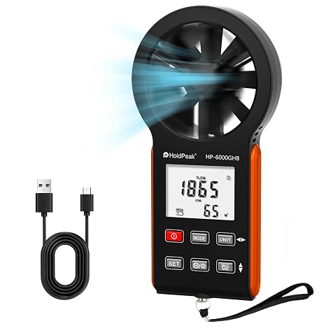 HOLDPEAK Handheld Anemometer, Digital Wind Speed Meter for HVAC, Drone Flying, Sailing & Weather Monitoring, Portable Air Flow Tester with Backlight, Rechargeable Battery, and Auto Shut-Off