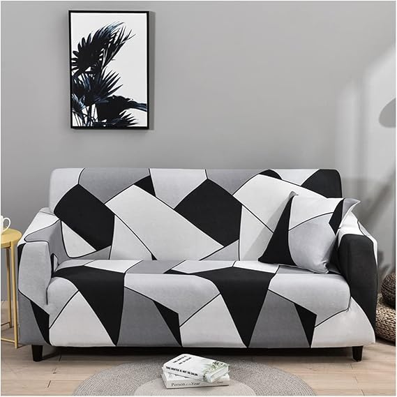 High Stretch Elastic Fabric 1 2 3 Seater Sofa Cover (2 Seater,Black White)