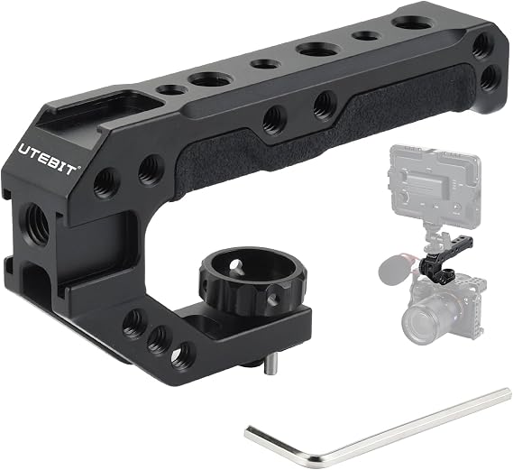 UTEBIT Camera Top Handle with 3/8" ARRI Locating Pins for Camera Cage | Universal Camera Grip Top Handle Lightweight,1/4" Screw 3 Cold Shoes Compatible with SmallRig Handles Camera Cages Video Rigs
