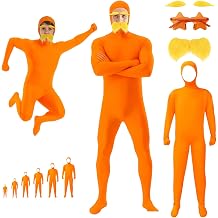 Orange Bodysuit Costume Unisex, Slenderman Costume with Beard,Eyebrows and Star Glasses, Open Face Cosplay Jumpsuit for Halloween, Carnival and Theme Party