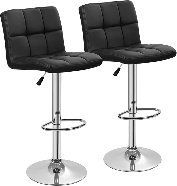 Bar Stools Set of 2, PU Leather Adjustable Swivel Barstools, Modern Counter Height Bar stools with Back and Footrest for Bar, Kitchen and Dining Room, Black