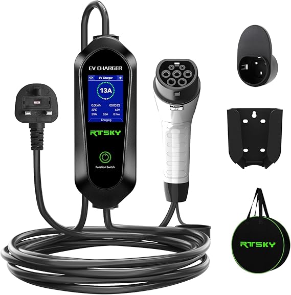 Ev Charger Cable Type 2 to 3 Pin UK Plug, 3KW 13A with Adjustable Current, Includes UI Display Screen, Storage Bag & Wall Mount,5M