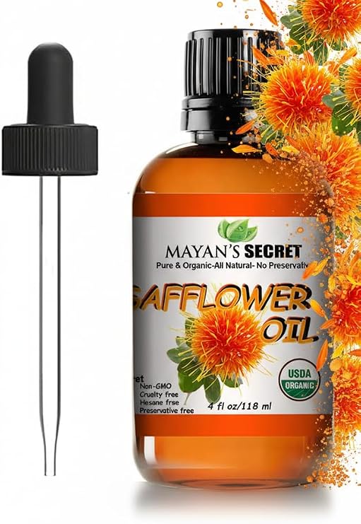 Mayans Secret Organic Safflower Oil High Oleic, Expeller Pressed, 100% Pure & Non-GMO, Rich in Vitamin E & Oleic Acid, Deep Moisturizing Oil for Soft Healthy Skin
