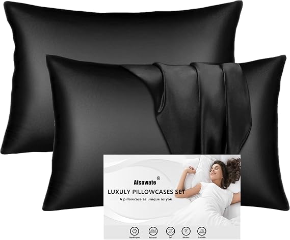 Pack of 2 Satin Pillowcases for Hair and Skin, 100% Silky Luxury Satin Cushion Cover with Envelope Closure, Pillowcase, Soft and Breathable Cushion Covers 40 x 60 cm, Black