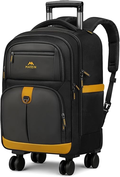 MATEIN Travel Backpack with Wheels Featuring 4 Spinner Wheels, 17 Inch Laptop Trolley Bag on Wheels with Wet Dry Compartment and USB Port, Water