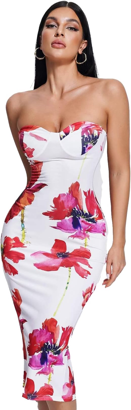 BELLA BARNETT Printed Midi Dress Evening Dress Elegant Strapless Slit Bodycon Dress Cocktail Dresses Wedding Guest