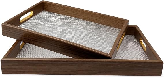 2-Piece Wooden Serving Tray Set with Handles – Elegant Rectangular Serving Platters/Trays for Tea, Coffee, Snacks & Breakfast | Kitchen & Dining Trays | Party Serving and Platters (Brown 3)