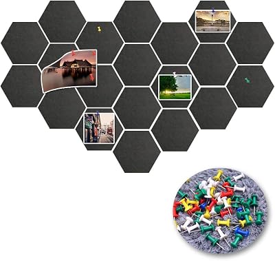 20 Pcs Pin Board Hexagon Felt Board Tiles Black Self-Adhesive Bulletin Board Memo Board Notice Board with 20 Pieces Push Pins, Decoration for Home Office Classroom Wall Black