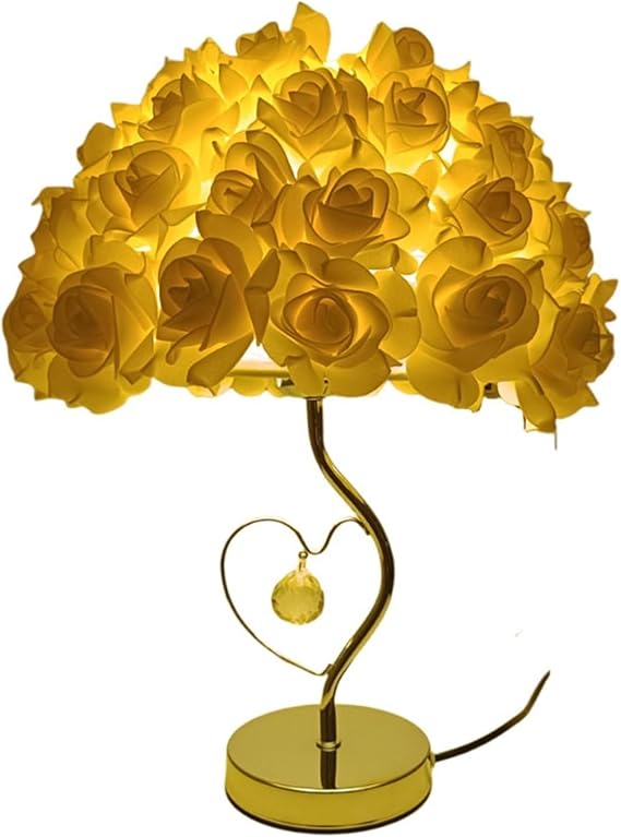 JingNian Rose Flower Table Lamp, Princess Table Lamp, Bedside Night Light Artificial Rose for Valentines Dating Party Home Bedroom Wedding Decor(Yellow)