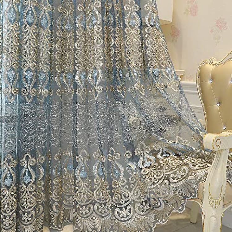 Amidoudou 1 Pair European Jacquard Sheer Curtains Embroidered Tulle Curtains Living Room Bedroom Luxury Translucent Curtains Blue Grey,51x84 Inch