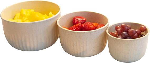 Classic Cuisine Bowls with Lids, Beige, Set of 3, 7/5.5/4.25 | Microwave, Freezer, and Fridge Safe Nesting Mixing Bowls - Eco-Conscious Kitchen Essentials