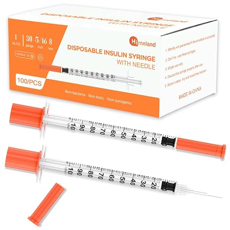 U-100 1ml/cc Disposable Insulin Syringe with 30Ga 5/16"(8mm) Needle | 100 Pack Individually Wrapped | Lab Supplies