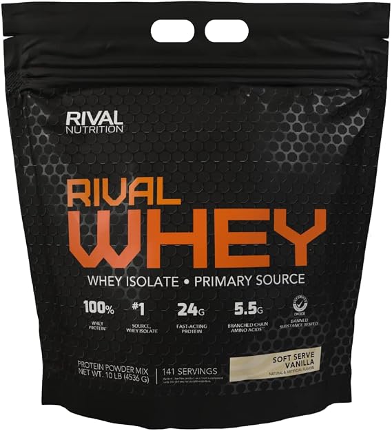 RIVAL NUTRITION Rival Whey Protein Powder I 100% of Protein from Whey I Isolate Primary Source I 24g Protein, 5.5g BCAAs Per Scoop I Recovery, Active Lifestyles (10lb, Soft Serve Vanilla)