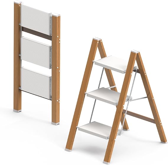 3 Step Ladder, Folding Aluminum Step Stool with Anti-Slip Wide Steps for Adults, Ideal for Kitchen, Closet, Bedroom, 330 lbs Capacity (Woodgrain) (Light Woodgrain, 3 Step)