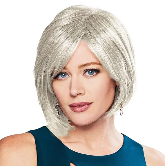GABOR Peace Chin-Length Chic Layered Side Swept Wig by Hairuwear, Average Size Cap, Light Grey