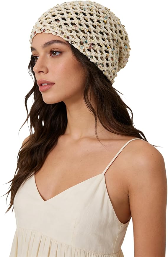 Handmade Summer Crochet Sequin Beanie Hat for Women Lightweight Knit Beanies Hat Breathable Skull Cap Headwear.