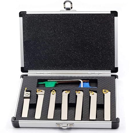 OSCARBIDE Indexable Carbide Lathe Turning Tool Holder 3/8" with Nickel Plated CNC Heavy-Duty Lathe Bit Set for Turning Grooving Threading with Tin Coated Carbide Inserts, 7 Pieces