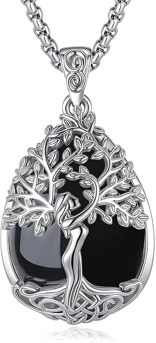 EUDORA Tree of Life Necklace with Moonstone Amethyst Obsidian Turquoise Healing Crystal for Women, Silver Plated Copper Mother Tree of Life Pendant Amulet Energy Jewelry, Gift for Women Mom, 20"+2"