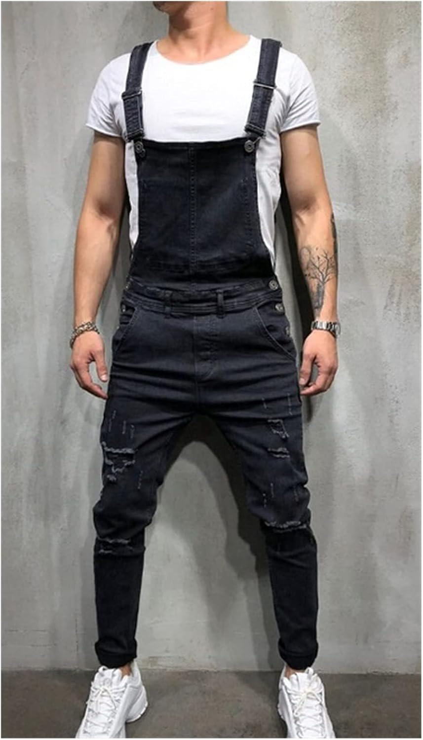 YIBOZY Fashion Mens Ripped Jeans Jumpsuits Hi Street Distressed Denim Bib Overalls Man Suspender Pants Size S-L Color : Black, Size : L