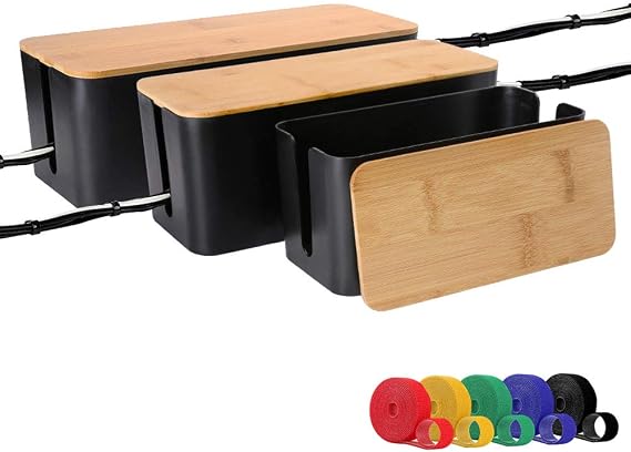 [Set of Three] Cable Management Organizer Box, Large Storage Bamboo Lid Wires Concealer Holder for Home, Office, TV, Computer, Great to Cover Hide Tidy Surge Protector Power Strips & Cord (Black)
