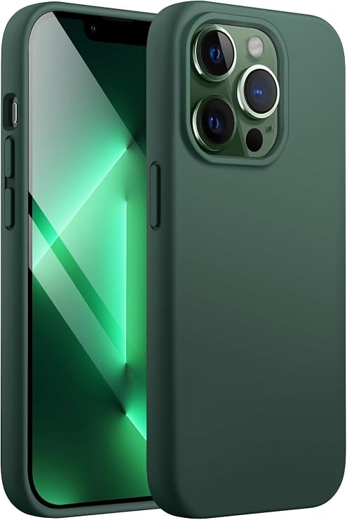 URUCHI iPhone 13 Pro ile Uyumlu Kılıf, İçi Kadife Kaplamalı İnce Sıvı Silikon Tam Koruma Yumuşak Jel Silikon Kapak, Koyu Yeşil