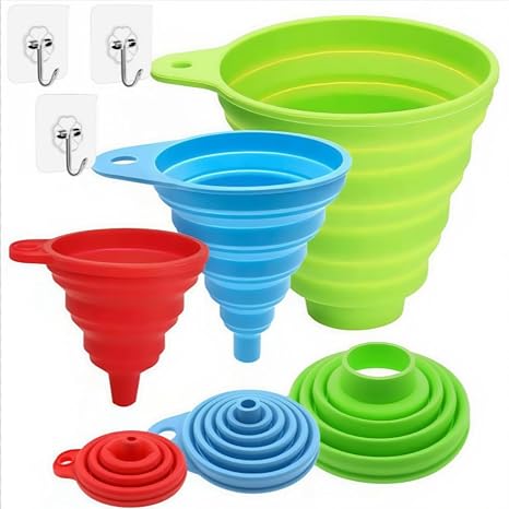 Silicone Collapsible Funnel Set 3 Pack Food Grade Funnels for Filling Bottles, Liquid Powder Transfer Kitchen Funnel with Wall Hooks (3* funnels,wall Hooks* 3)