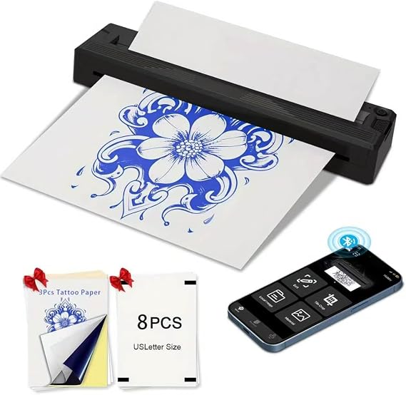 Tattoo Stencil Printer for Tattoo Artists and Beginners,300 DPI Tattoo Machine with Tattoo Transfer Paper,Portable Wireless Bluetooth Printer Compatible with Phone/PC (T16)