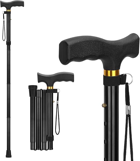 supregear Folding Cane, Lightweight 5-Level Adjustable Walking Stick with Wrist Strap and T-Handle, Portable Mobility Aid for Elderly and Disabled Men and Women