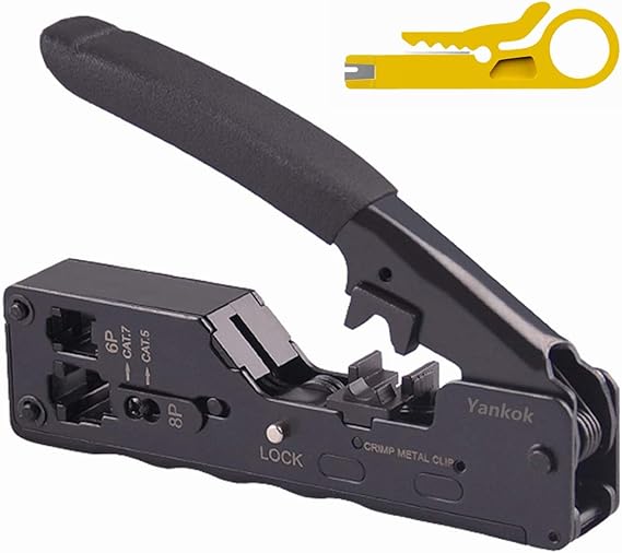 Yankok [CAT5/5e CAT6/6a CAT7 Modular Crimper] Crimps Shielded and Unshielded RJ45 (8P8C) RJ12 (6P6C) RJ11 (6P4C) Network Connectors Ethernet Data and Telephone Jacks Matte Black