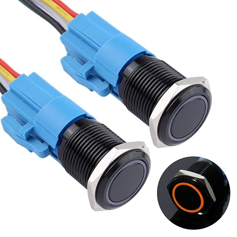 2PCS 16MM Momentary Push Button Switch 12V-24V Ring LED 1NO 1NC Waterproof (ON)-Off Black Metal Shell Button Self Reset with Wire Socket Plug for 5/8" Mounting Hole(IP66,Orange Light)