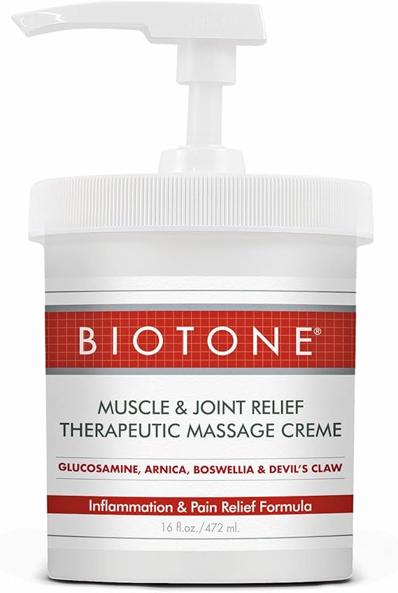 BIOTONE Muscle and Joint Relief Therapeutic Massage Cream 16 oz, with Natural Botanicals of, Glucosamine, Arnica, Boswellia and Devil's Claw to Alleviate Discomfort and Aching Muscles.