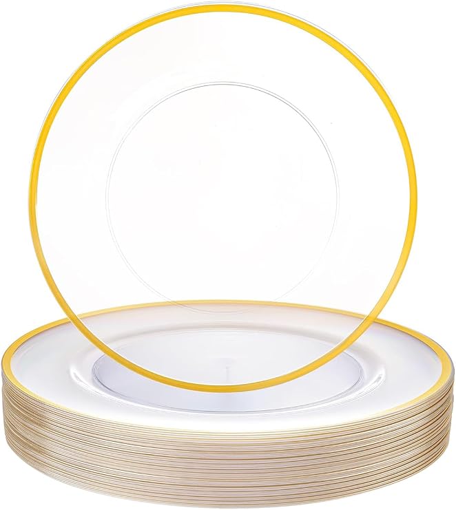 WDF 25Pack Gold Charger Plates - 12inch Clear Chargers with Gold Trim - Clear Plates Disposable for Wedding Baby Shower Spring Birthday