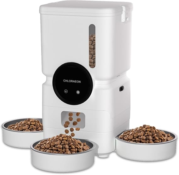 Automatic Cat Feeder for 3 Cats, 6L 5G WiFi Feeder, Slow Feed, Warm White | 3-bowl system with app scheduling, 15-day battery backup, stainless steel bowls, and sealed freshness protection.