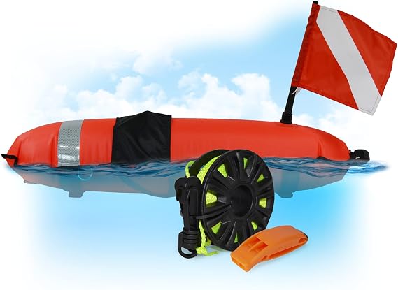 DiveSafe Torpedo Buoy Float for Scuba Diving, Spearfishing, Free Diving, Snorkeling and Swimming - Includes 11 Clips/Bands for Accessories, Dive Flag,