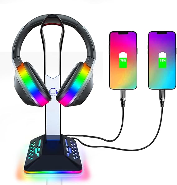 RGB Kulaklık Standı 2 USB 2.0 Uzatma Şarj Portu Genişletici Kablosu, Masa Oyun Kulaklığı Tutacağı, Soğuk LED Kulaklık Tutucu PC Oyun Aksesuarları, Oyun Hediyeleri