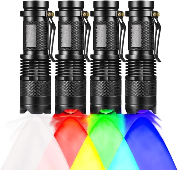 Multi-Color Flashlight Set: Red, Green, Blue & Cool White LED Flashlights (Pack of 4) with Long Range (150 Yards) & 200 Lumens Brightness