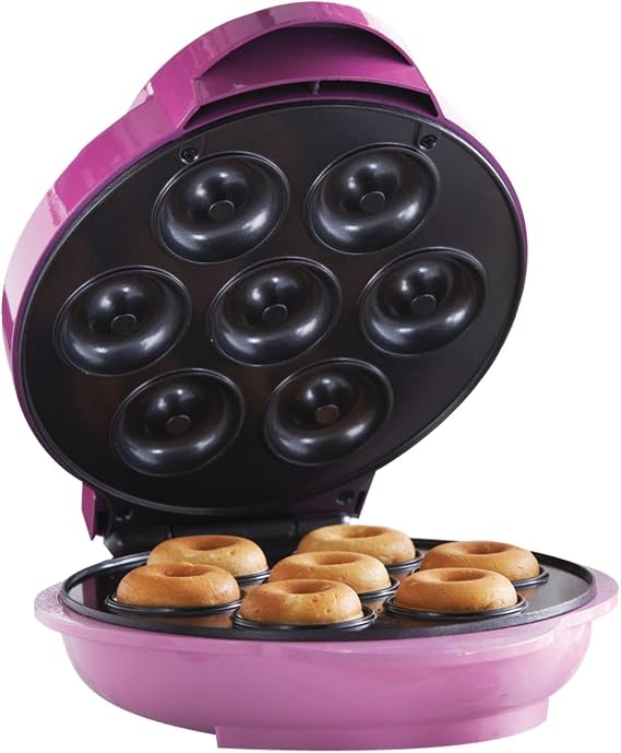 Mini Donut Maker Machine Non-Stick 7-Donut Baker for Donuts, Cakes & Muffins with Cool Touch Handle, Upright Storage & Indicator Lights, 750W Pink Donut Maker