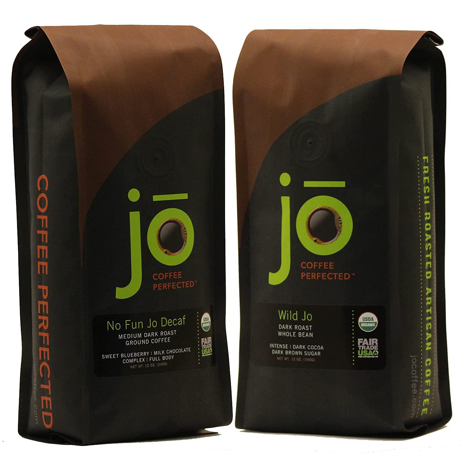 JO COFFEE: Regular & Decaf 2 Pack, Wild Jo Dark French Roast, No Fun Jo Decaf Swiss Water Process, Medium Dark Roast 12 oz each, USDA Certified, Gourmet Coffee, Gluten-Free