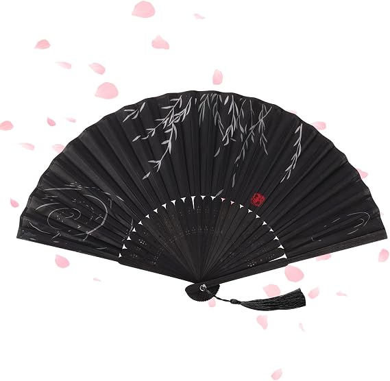 Folding Fans, Handheld Fan Fabric Manual Fan Chinese Fans with Tassel for Birthday Gifts Dancing Cosplay Wedding Party Props Decoration(A Black)